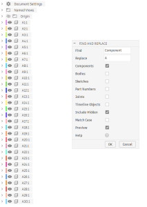 3. Enter text to find and replace. Check the components, bodies, sketches, part numbers, joints or timeline objects checkbox.